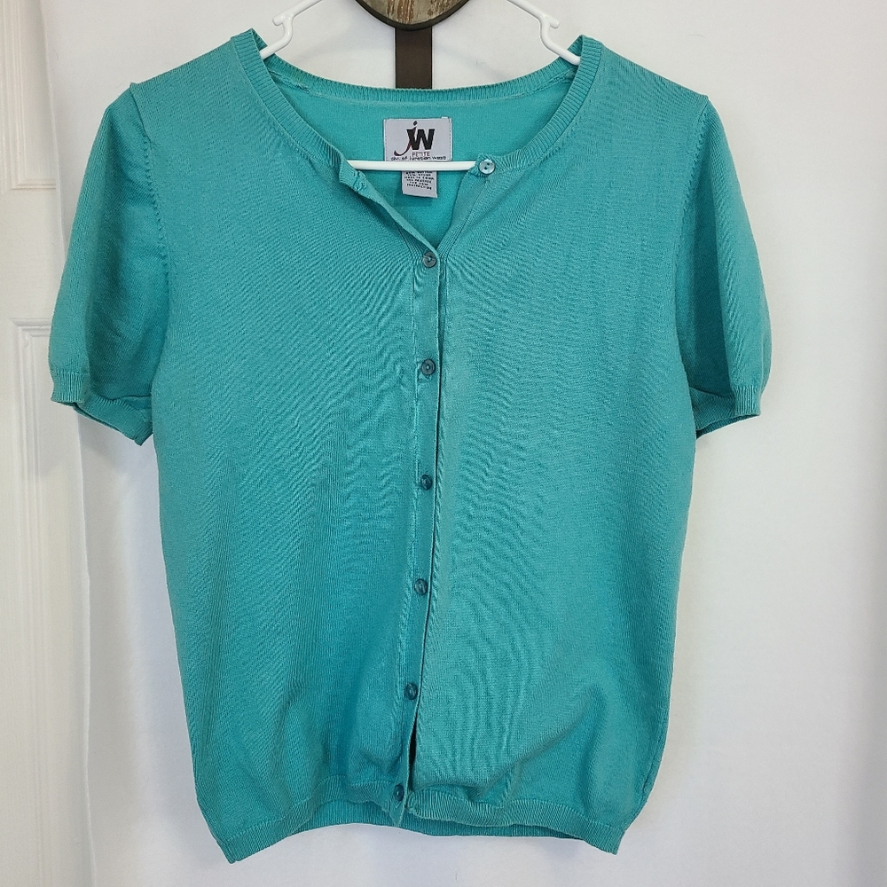 Junction West Petite Woman's Short Sleeve Button Down Sweater, Size: PS Teal